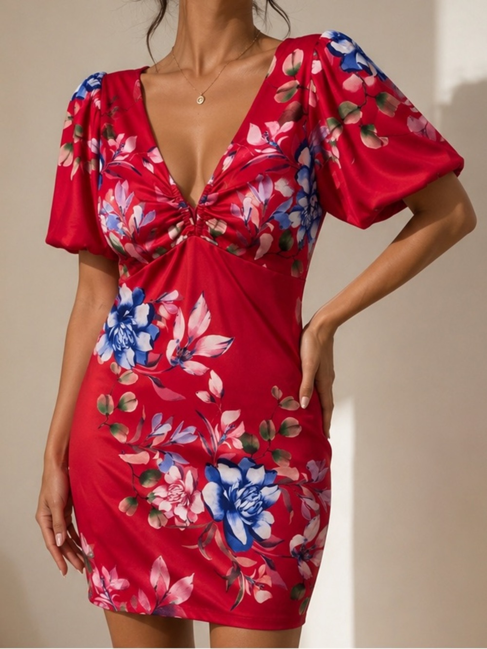 GUESS Red Floral Puff Sleeve Ruched Mini Dress Size 8